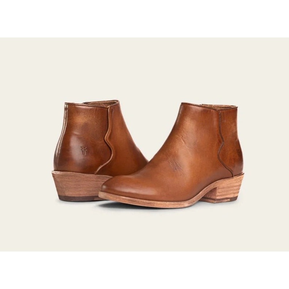 Frye 8.5 Carson Piping Leather Bootie Caramel Brown Ankle Boots Low Western - Picture 10 of 11